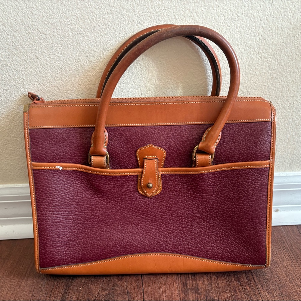 Vintage Dooney & Bourke Leather Shoulder Bag Burgundy & Tan *No Crossbody Strap - Picture 2 of 11
